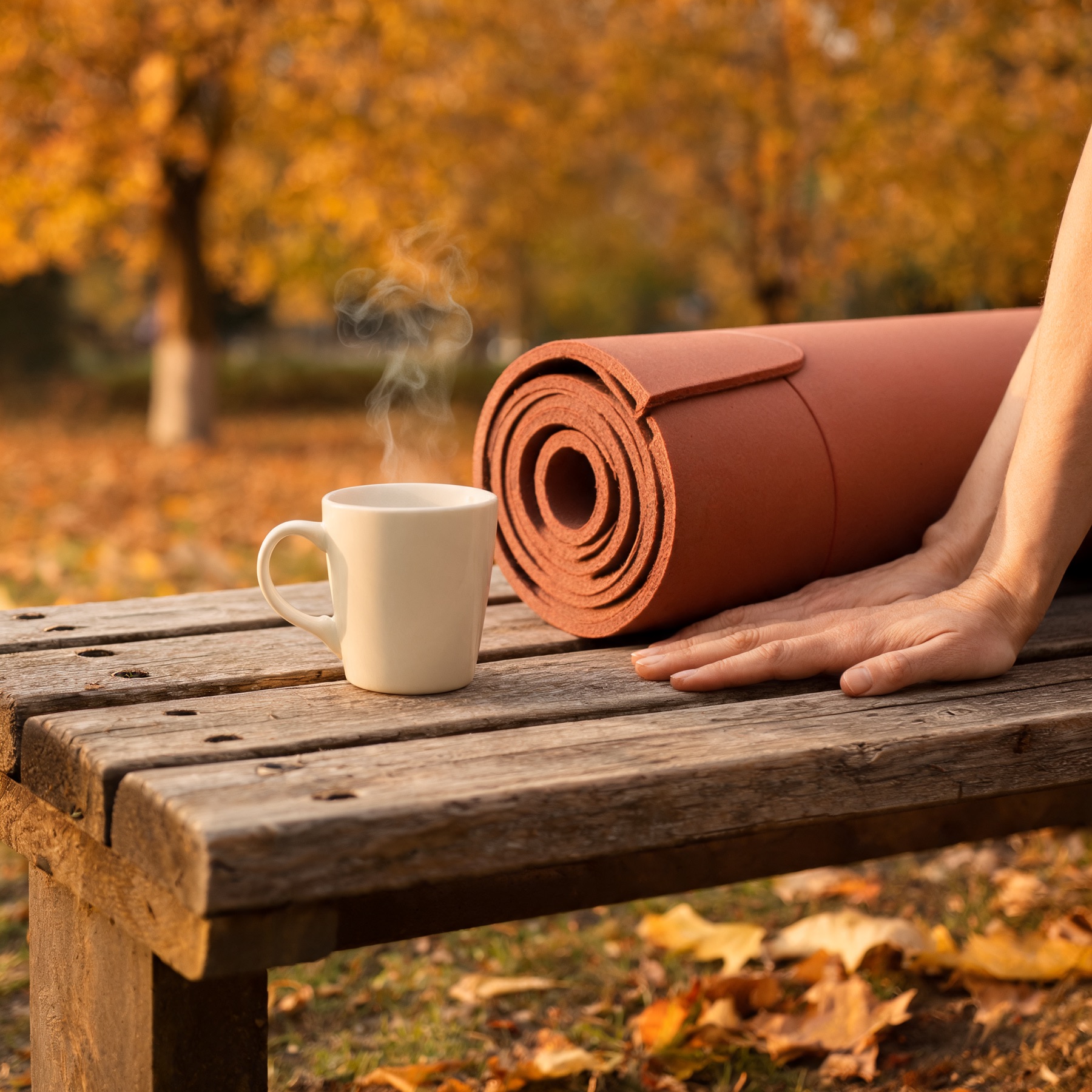 Koffie en opgerolde mat op een houten bank in herfstlicht